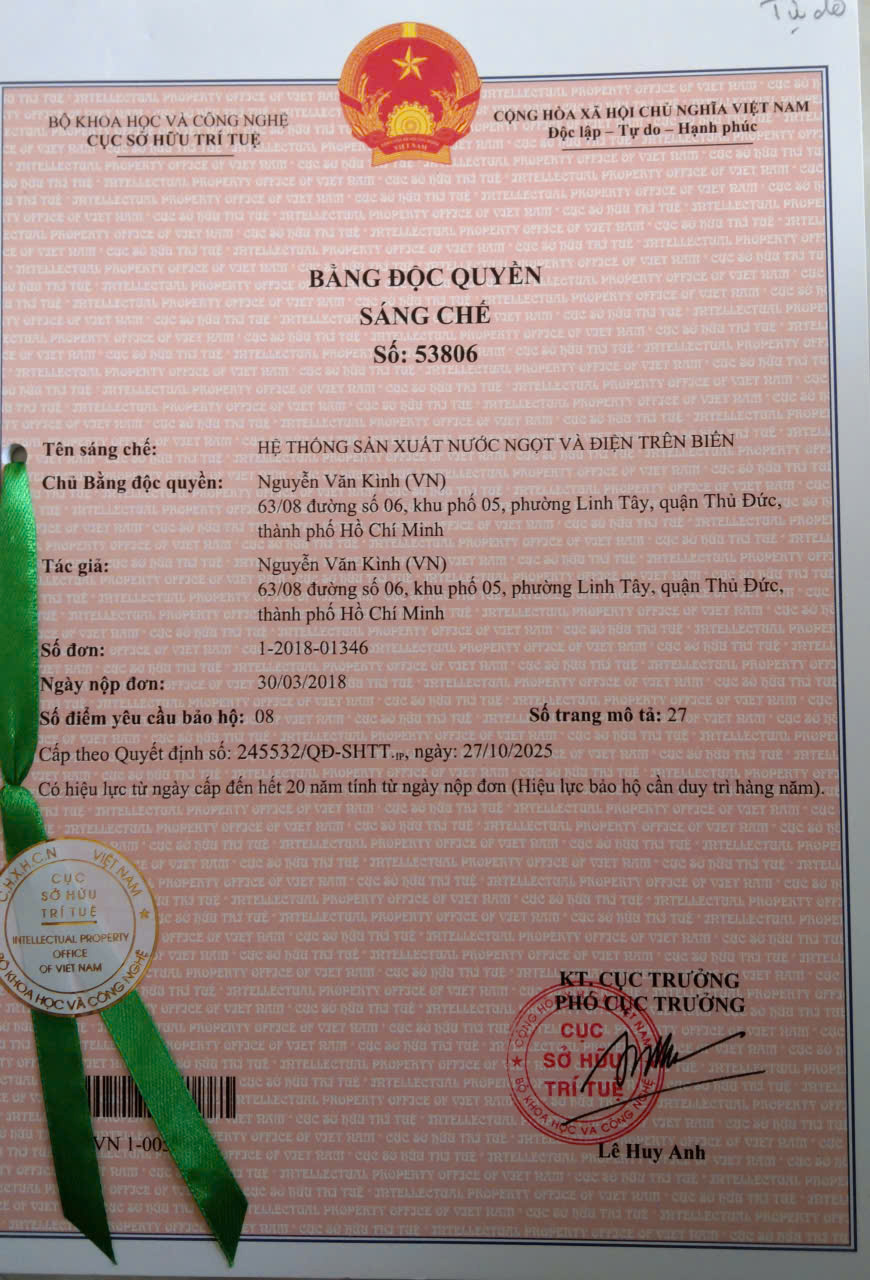 Sáng chế hệ thống sản xuất nước ngọt và điện trên biển