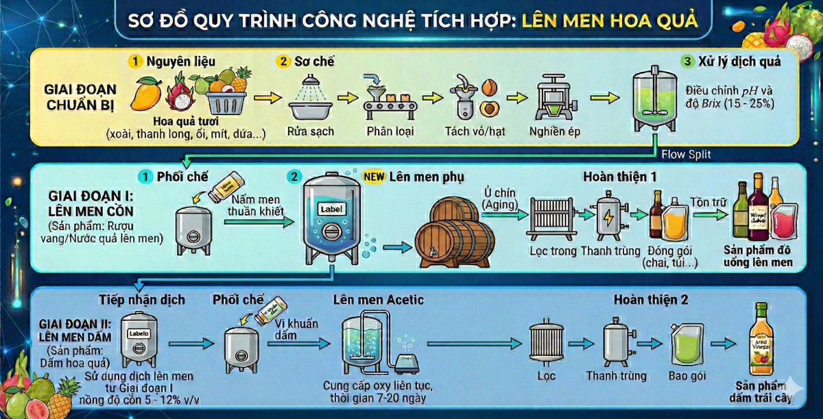 Quy trình tích hợp sản xuất các sản phẩm hoa quả lên men (cồn, dấm)